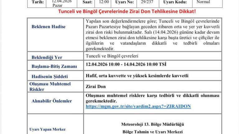 Bingöl ve Tunceli’de Tarımsal Don Tehlikesi: Meteorolojiden Uyarı Geldi
